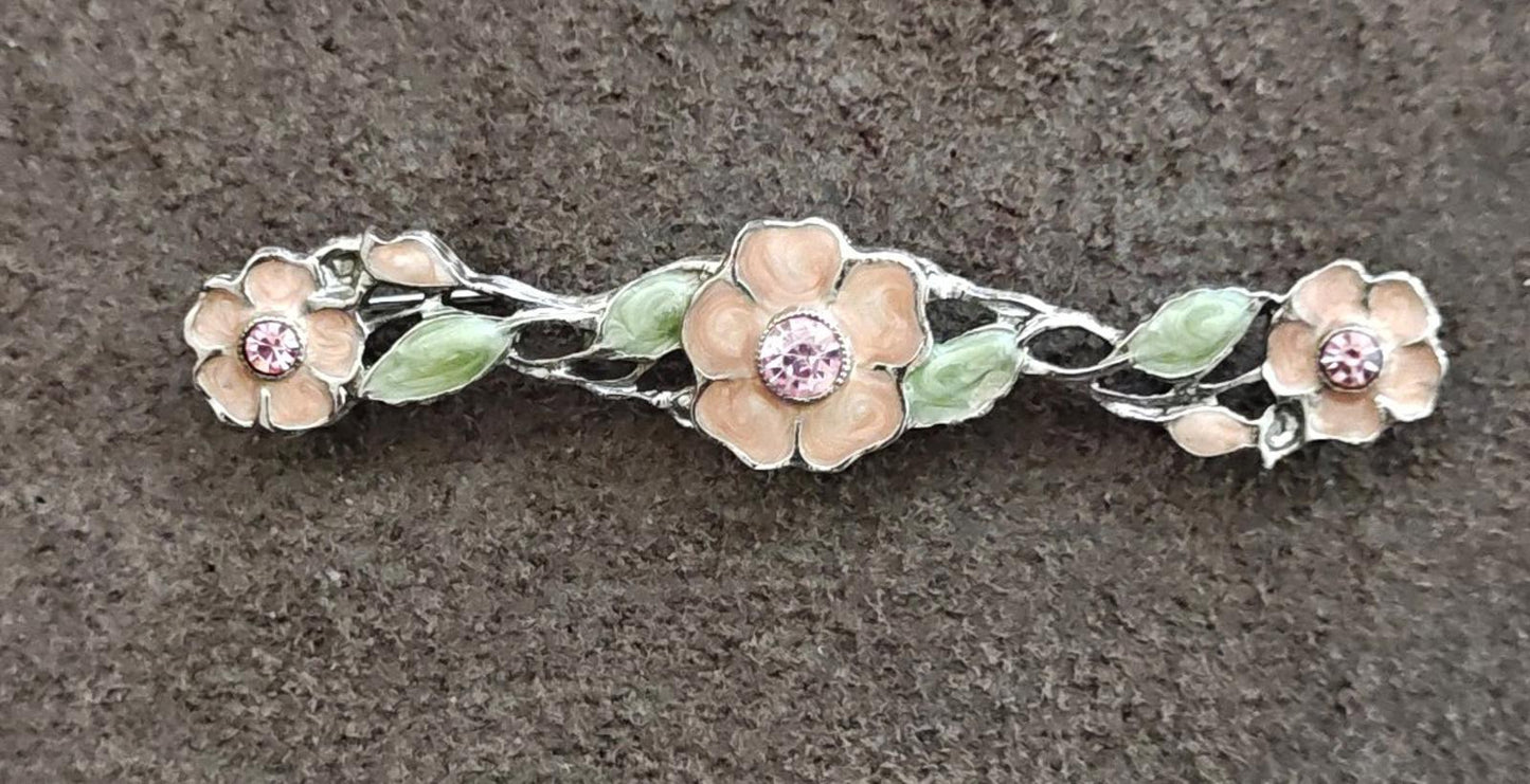 1960s Art Nouveau Floral Bar Silver Tone Enamel Brooch