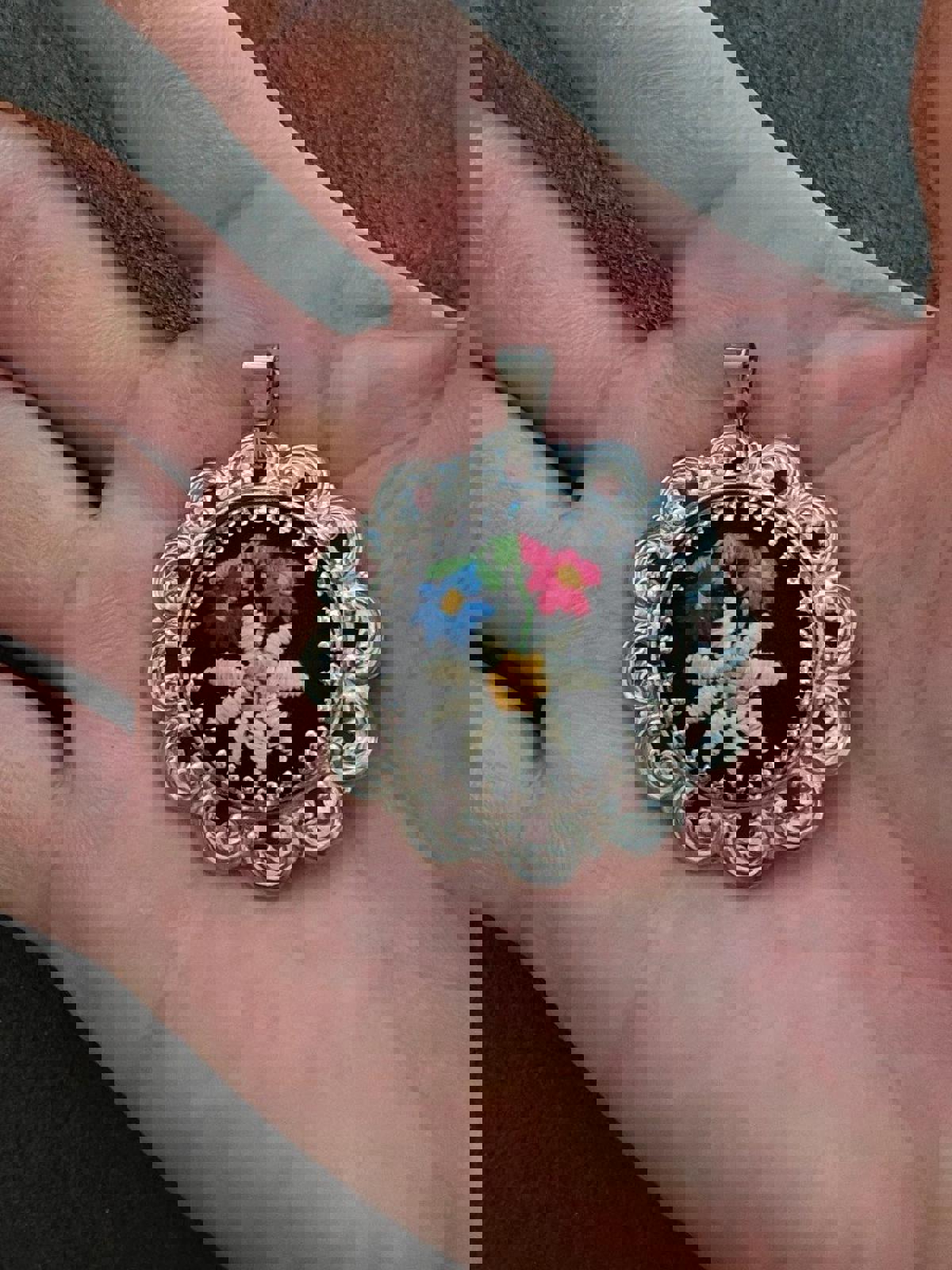 1970's Cross Stitched Flower Silver Tone Filigree Pendant