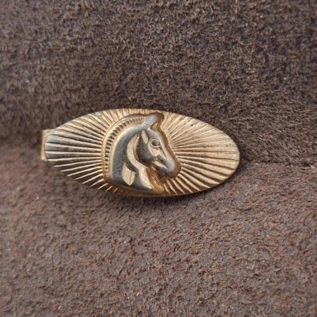Gold-tone oval tie bar clip with horse profile relief inside a radiating sunburst design