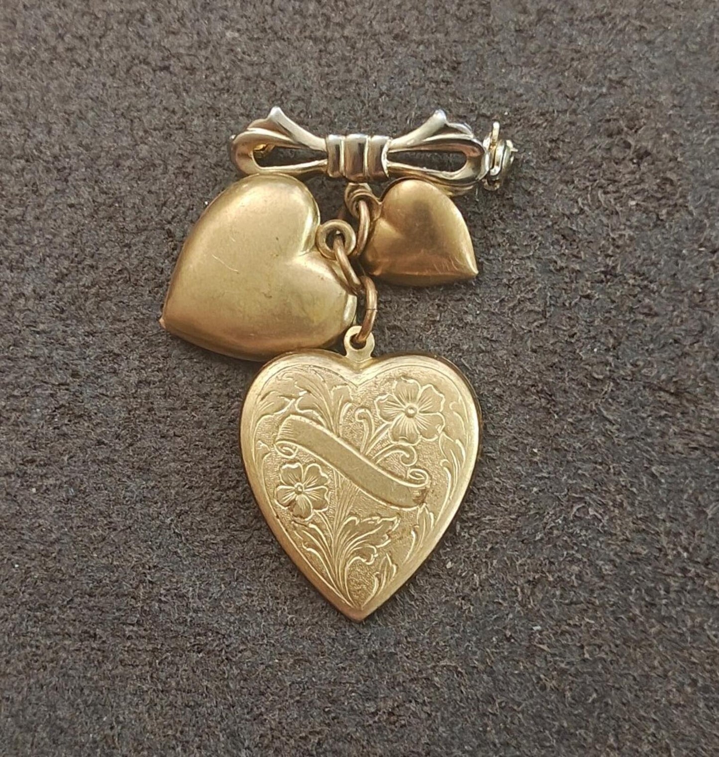 1980s Gold Tone Three Heart With Bow Dangle Brooch