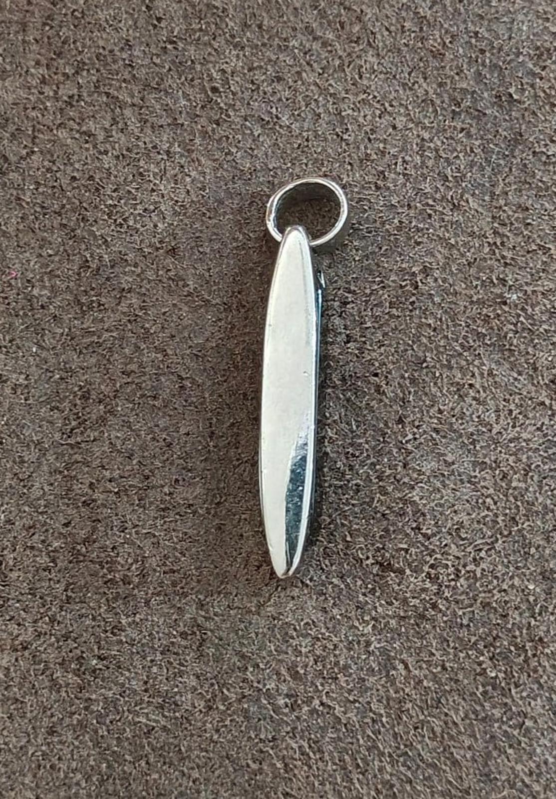 Silver-tone pendant bail with elongated oval side view of rectangular frame.