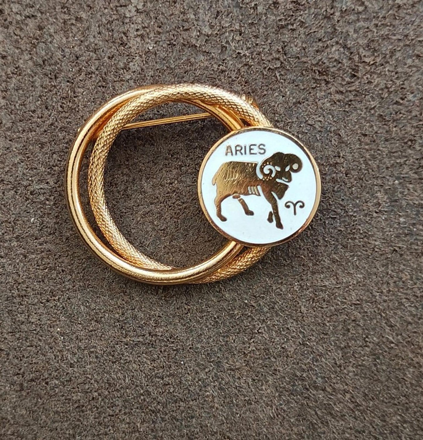 1970s Gold Tone Aries Zodiac Sign Double Circle White Enamel Brooch Pin