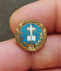 Vintage gold-tone Sunday School attendance award pin with blue enamel cross and "AWARD" ring