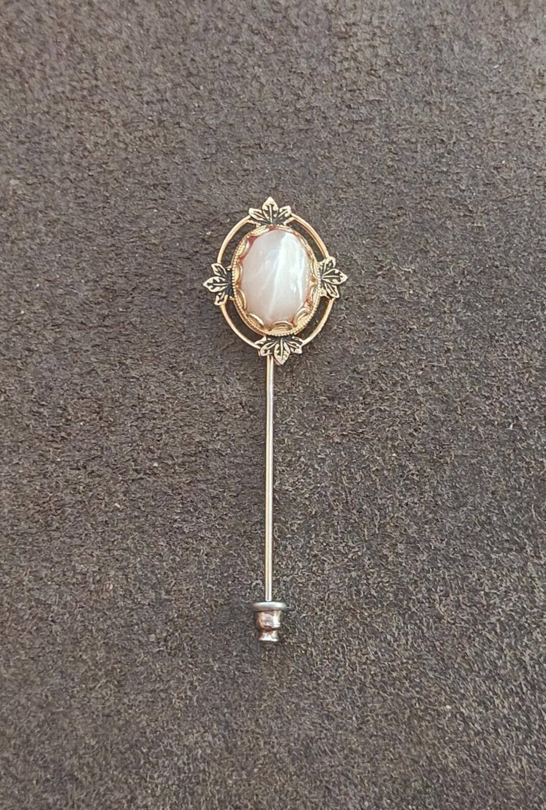 1980s Gold Tone Vintage Stick Pin Featuring a Central Cabochon Gemstone