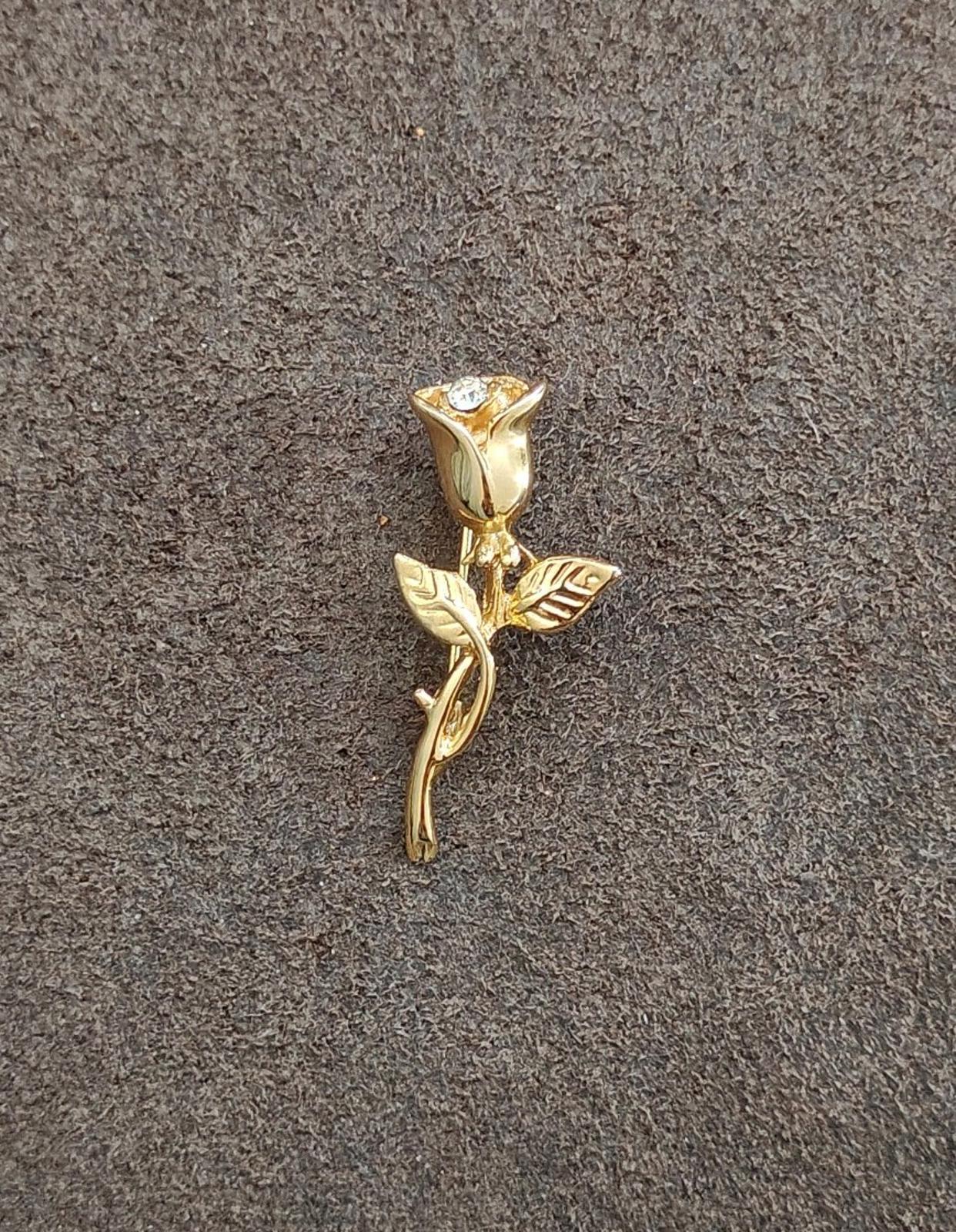1980s Textured Gold Tone Rose With Rhinestone Brooch