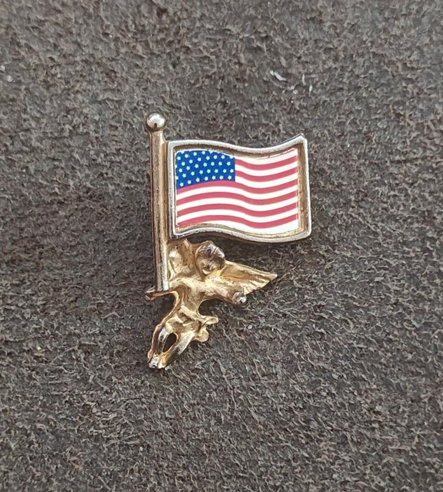 70s Signed FAF Inc. Gold Tone Patriotic American Flag Guardian Angel/Cherub Pin