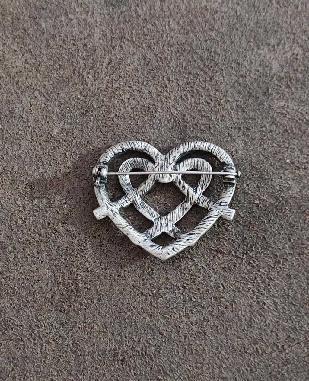 Heart brooch pin back with metal pin and clasp, pewter-tone heart shape