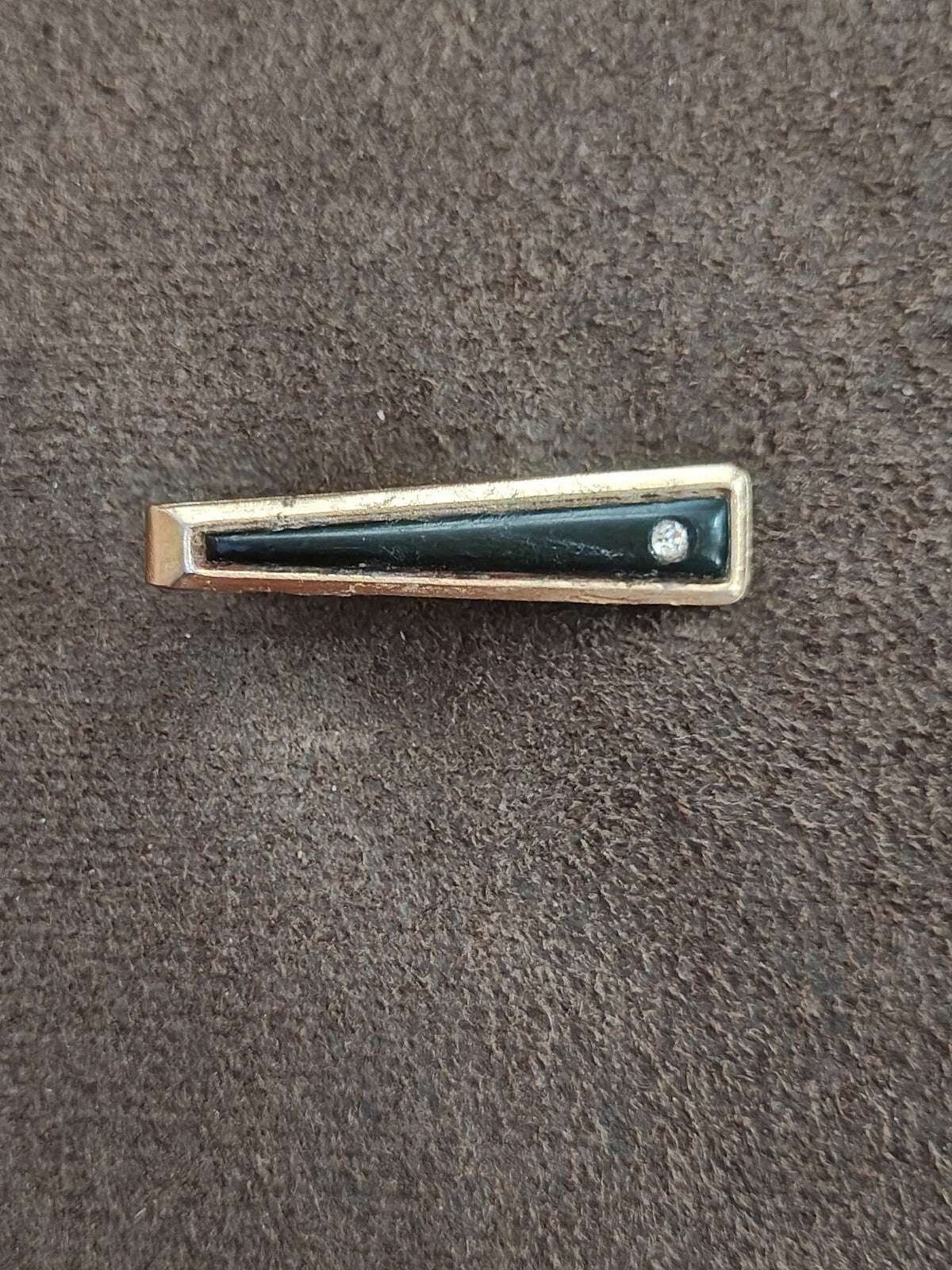 1950s/60 Gold Tone Tapered Black Inlay Tie Clip With Clear Faux Diamond Accent
