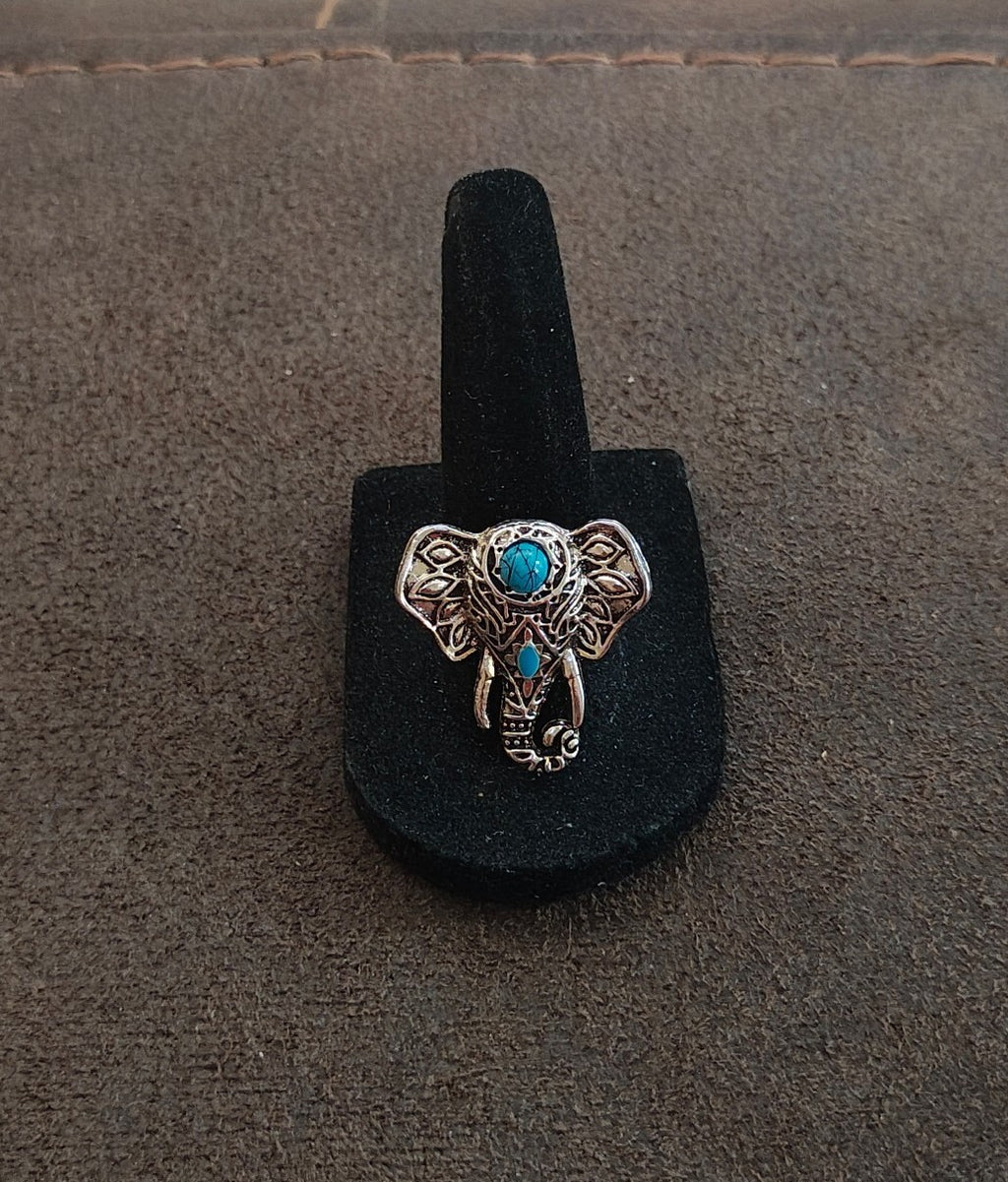 Bohemian Style Silver Tone With Faux Turquoise Stones Elephant Statement Ring