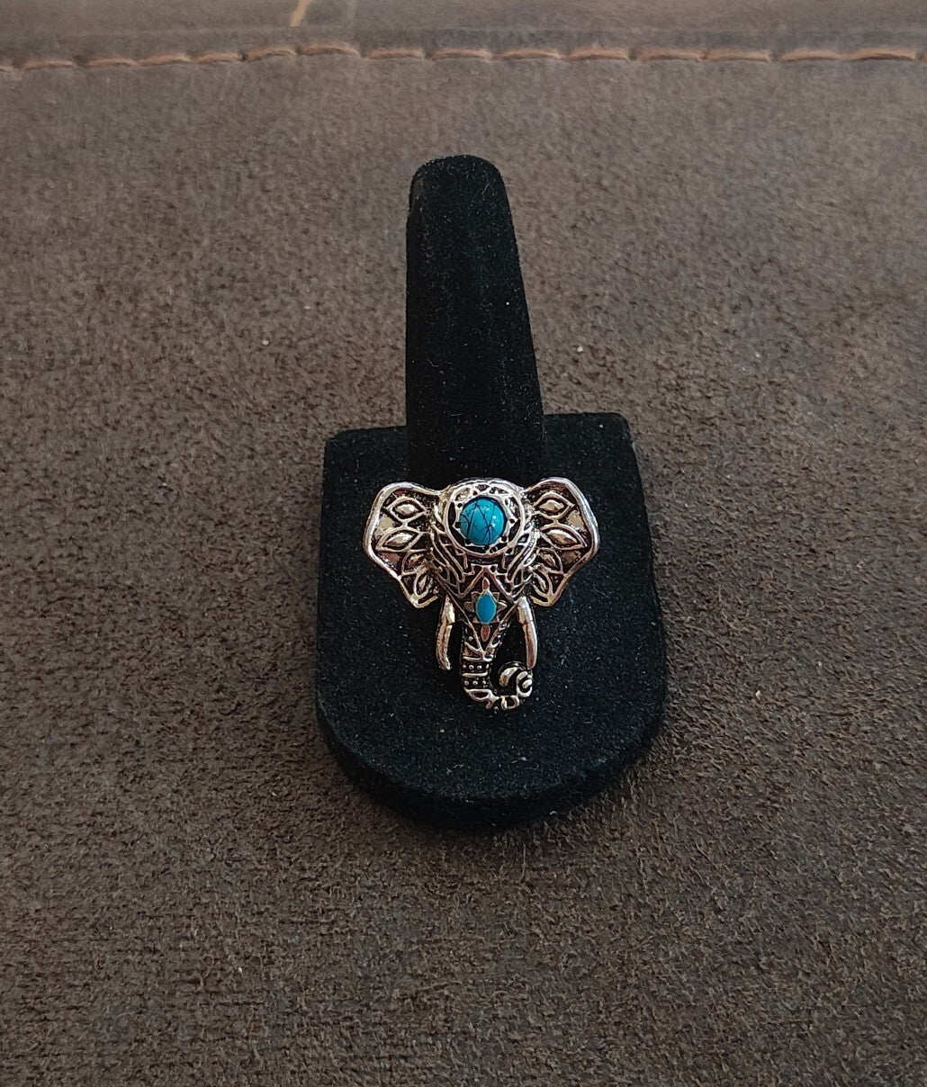 Bohemian Style Silver Tone With Faux Turquoise Stones Elephant Statement Ring