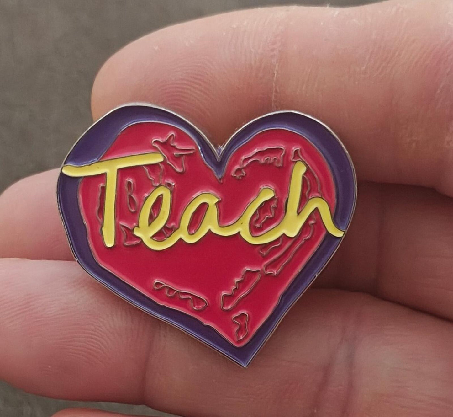 Penzeys "Teach" Heart Pin With Red, Purple & Yellow Enamel