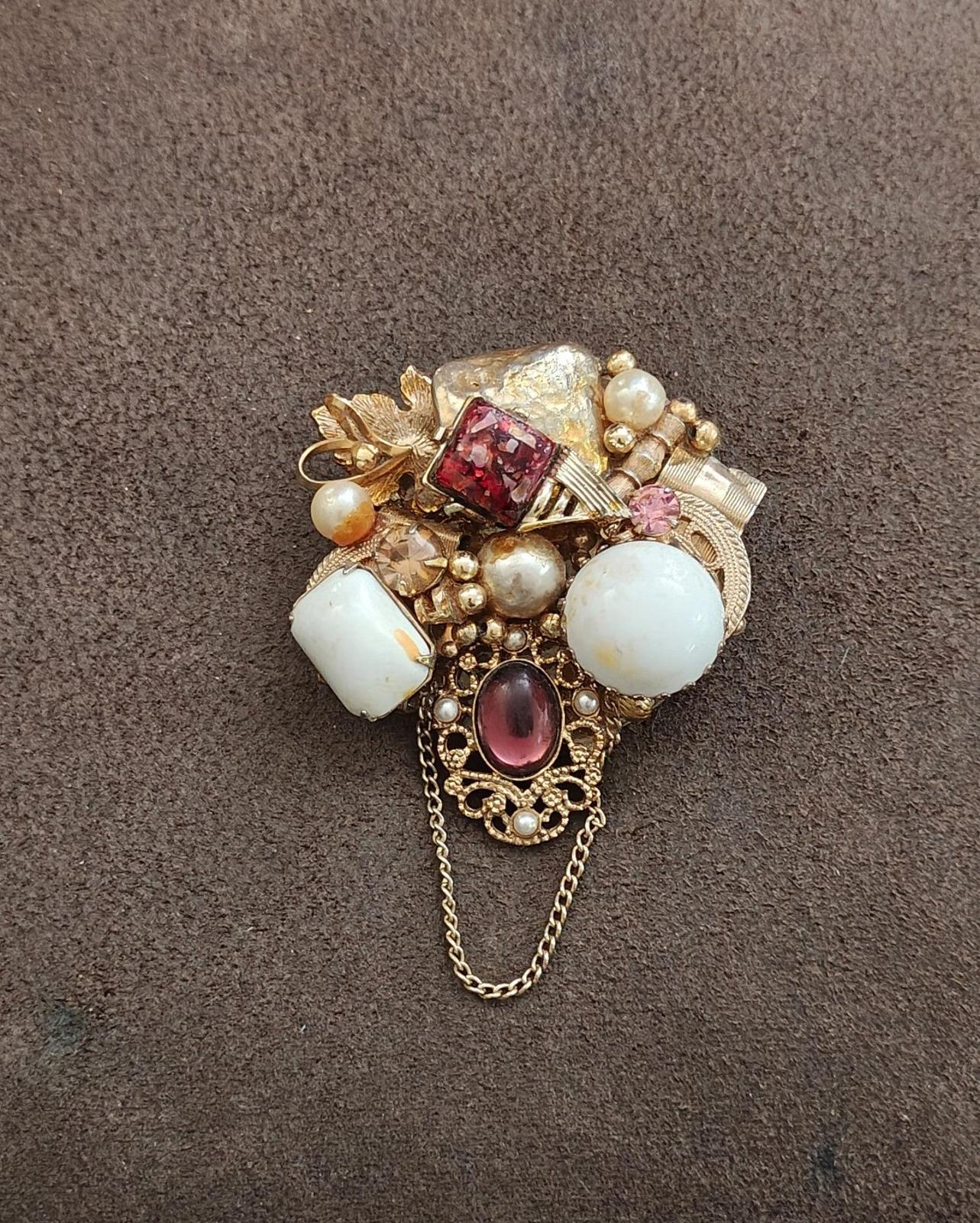 1980s Handmade Collage of  Beads Faux Pearls Etc. Gold Tone Brooch