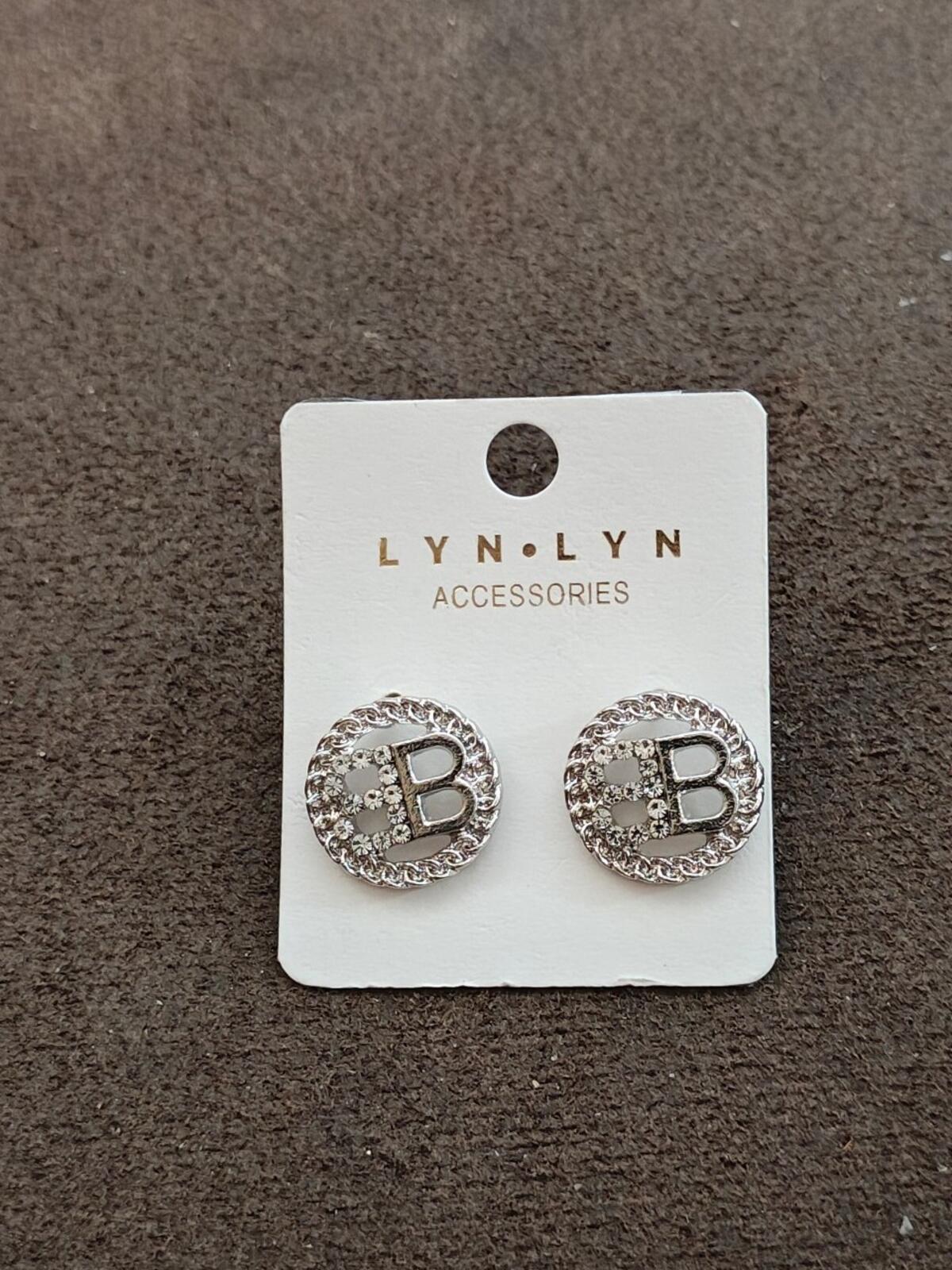 Lyn Lyn Accessories Silver Tone Crystal Encrusted "B" logo Stud Earrings New