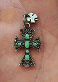 1990s Lucky Brand Antiqued Silver With Faux Turquoise Southwestern Cross Pendant