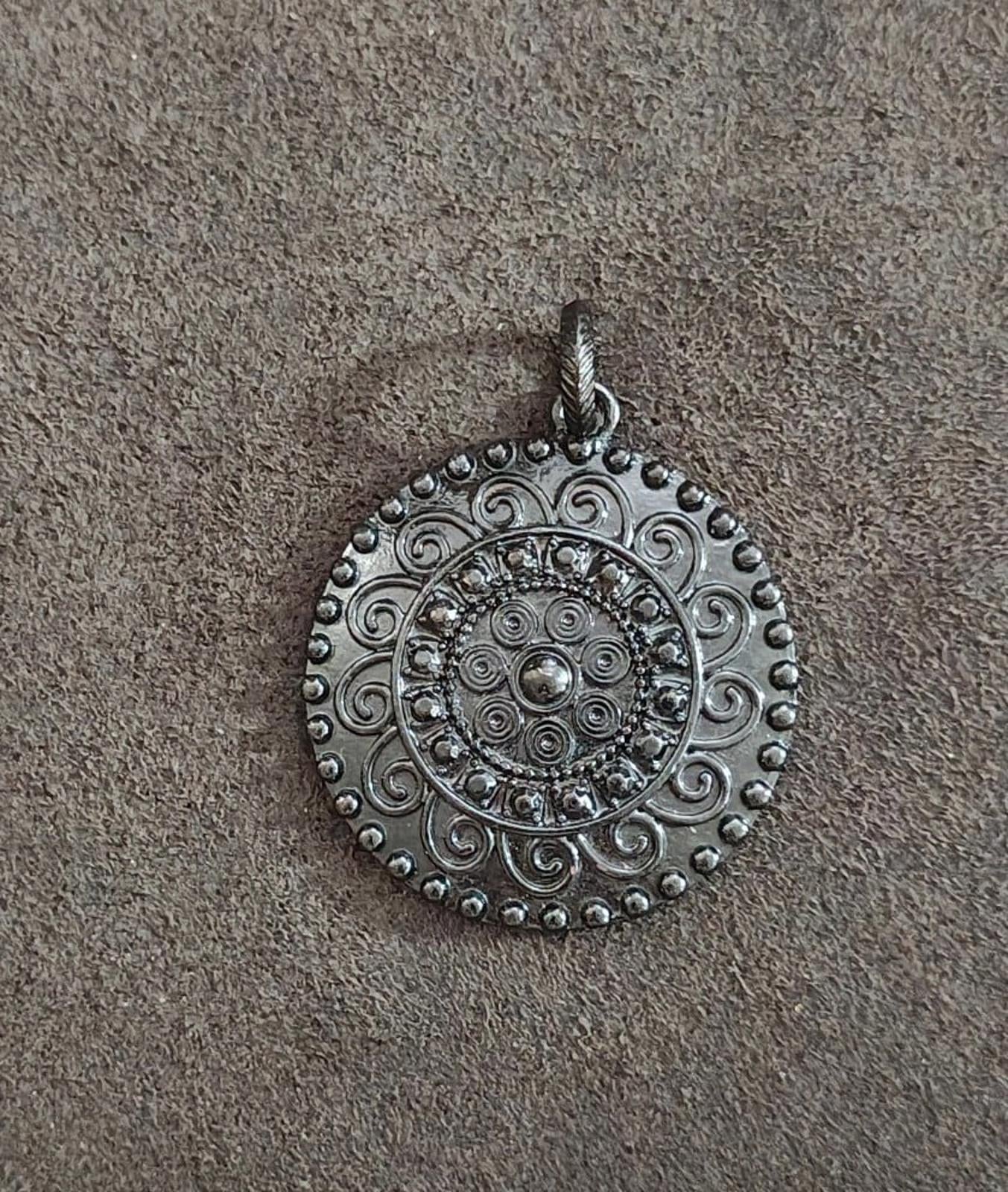 1990s Gun Metal Round Floral Design Pendant
