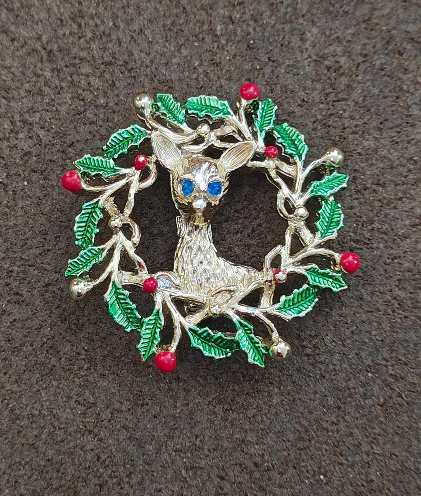 1960s Signed Gerry's Reindeer In a Holly Wreath Gold Tone Enamel Brooch