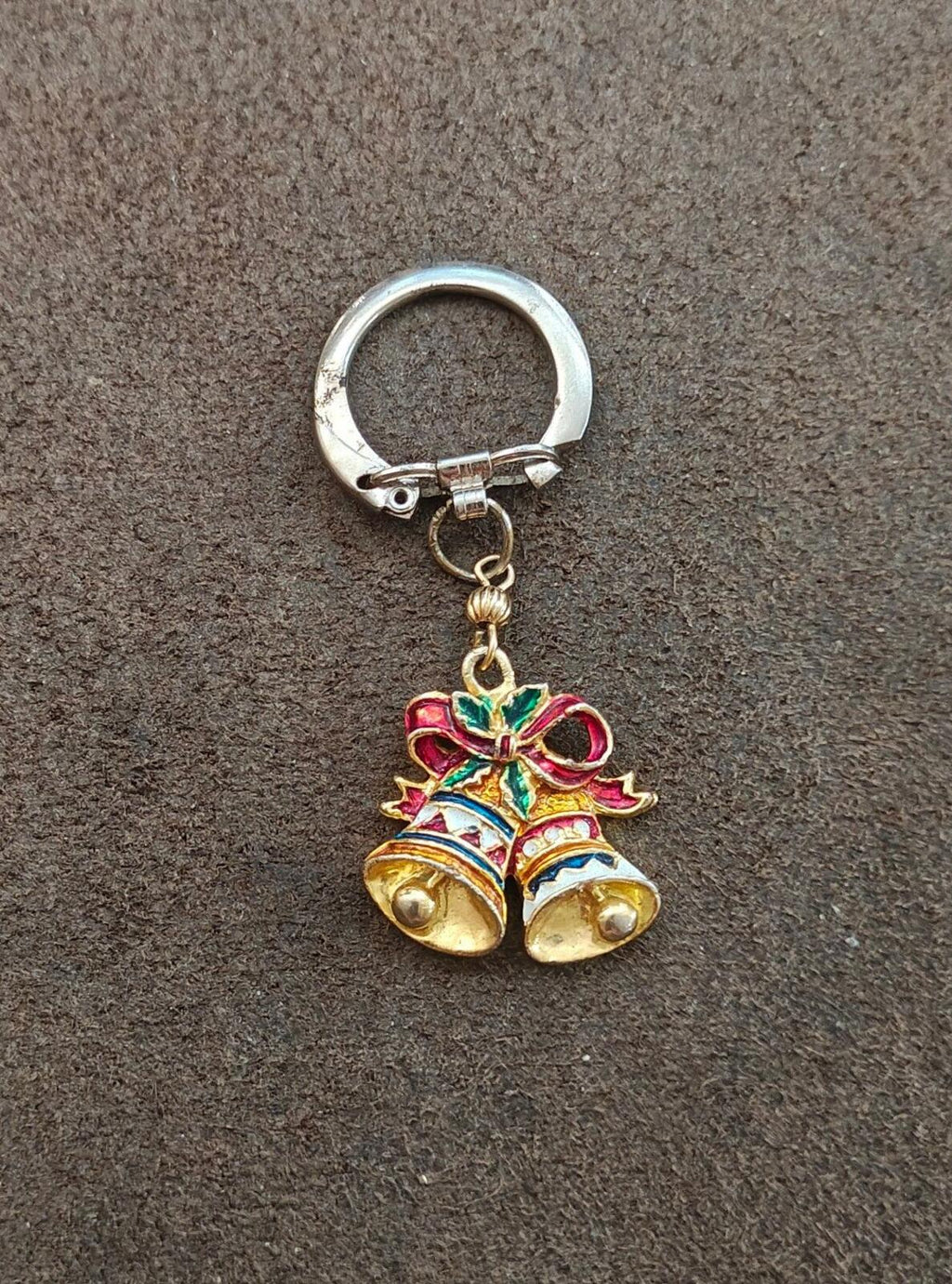 1980s Gold Tone With Red White & Green Enamel Christmas Bell Keychain