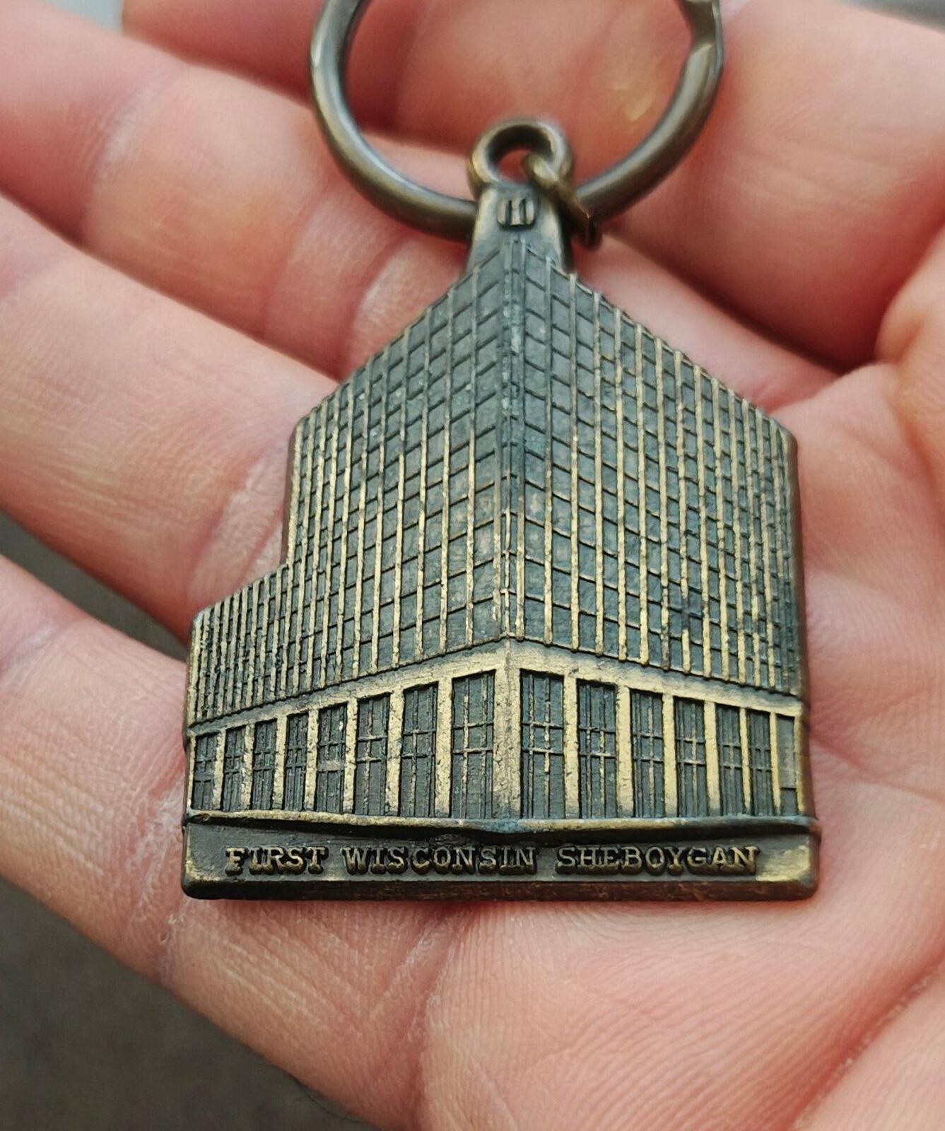 70s First Wisconsin National Bank building in Sheboygan Wisconsin Brass Keychain