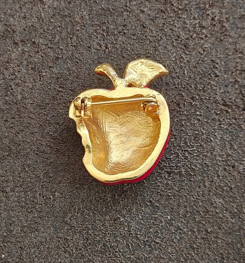 1990s Gold Tone Red & Green Enamel & Rhinestone Bitten Apple Brooch Pin