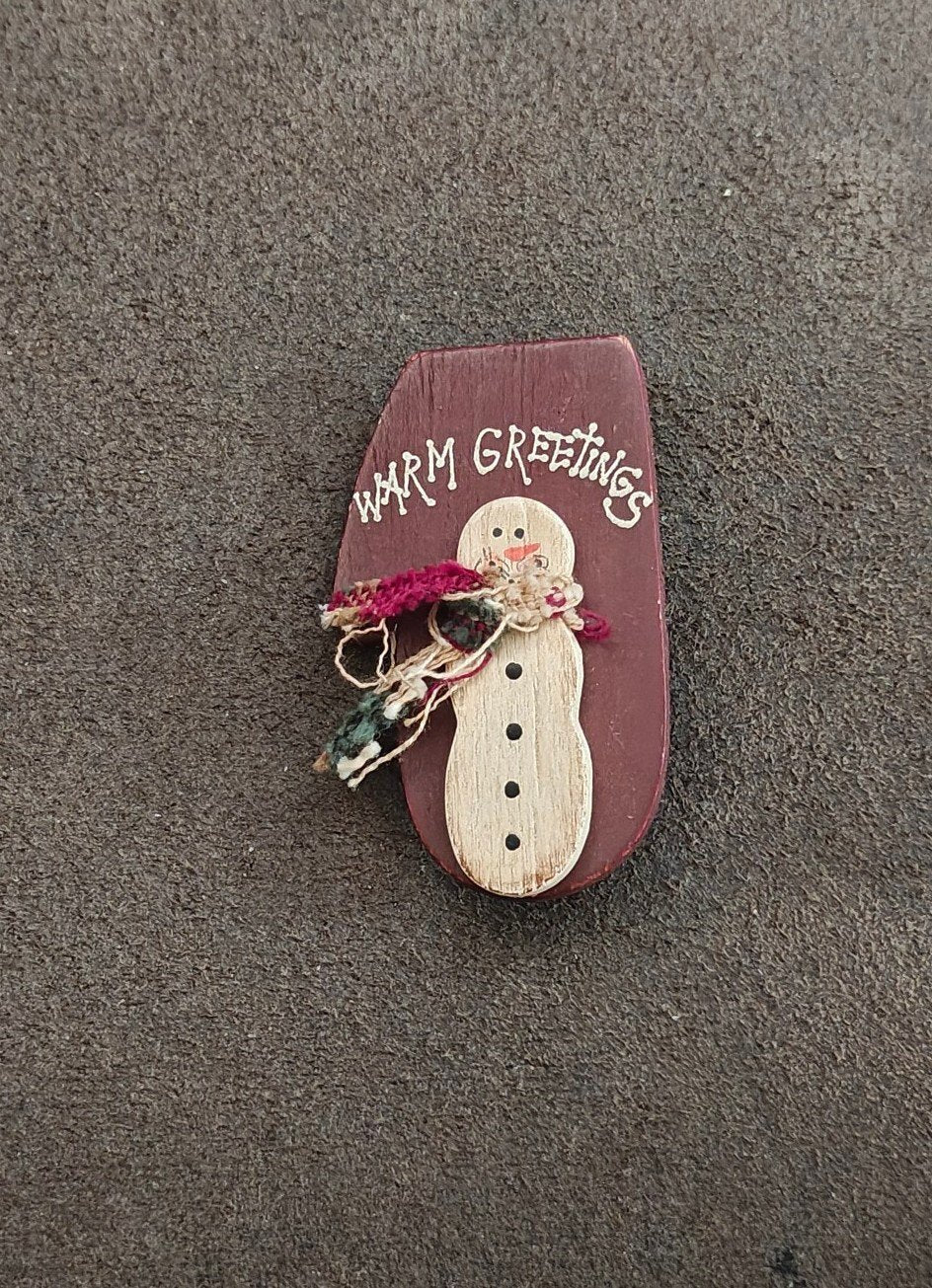 Hand Crafted Painted Rustic Wooden Christmas Snowman Brooch