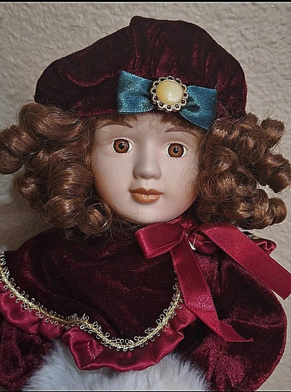 1983 Enesco Porcelain Christmas 17" Tall Doll With Cloth Body
