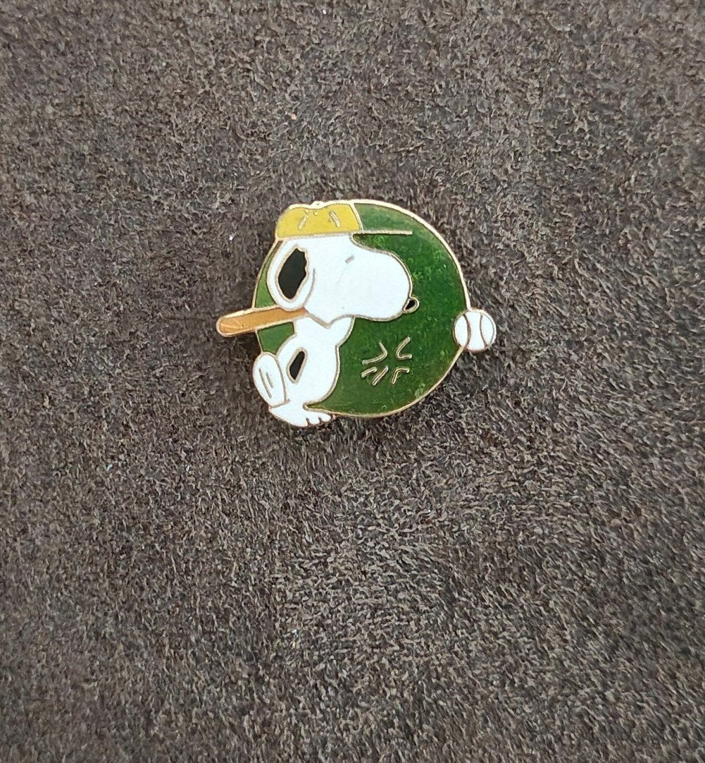 1970s Peanuts Snoopy Baseball Cloisonné Gold Tone Enamel Pin.