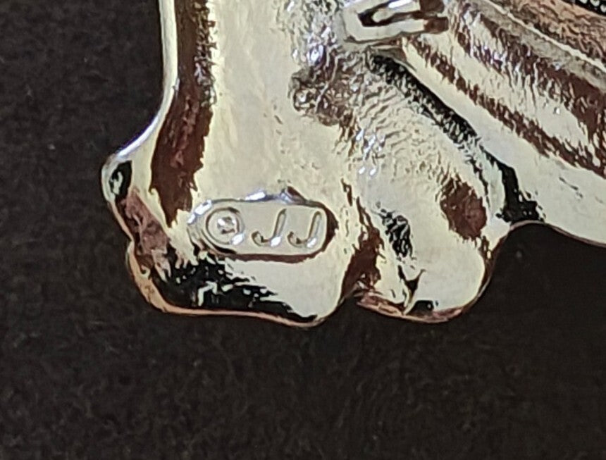 1980s Signed JJ Pewter Trumpeting Angel Brooch With Filigree Wings