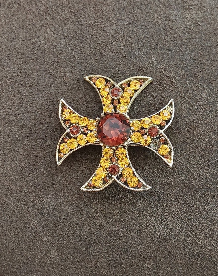 1950s/60s Gold Tone Maltese Cross Brooch & Pendant With Amber Rhinestones.