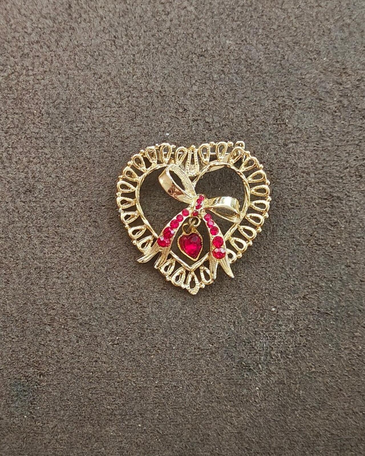 1980s  Gold Tone With Red Rhinestone Accents & a Dangling Center Heart Brooch