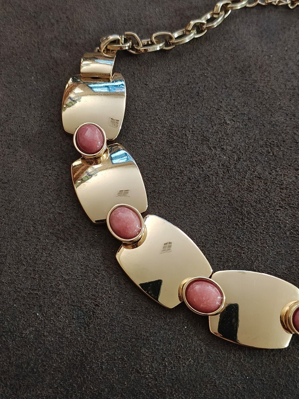 WHBM Gold Tone Rectangular Panel Pink Rhodonite Choker Statement Collar Necklace