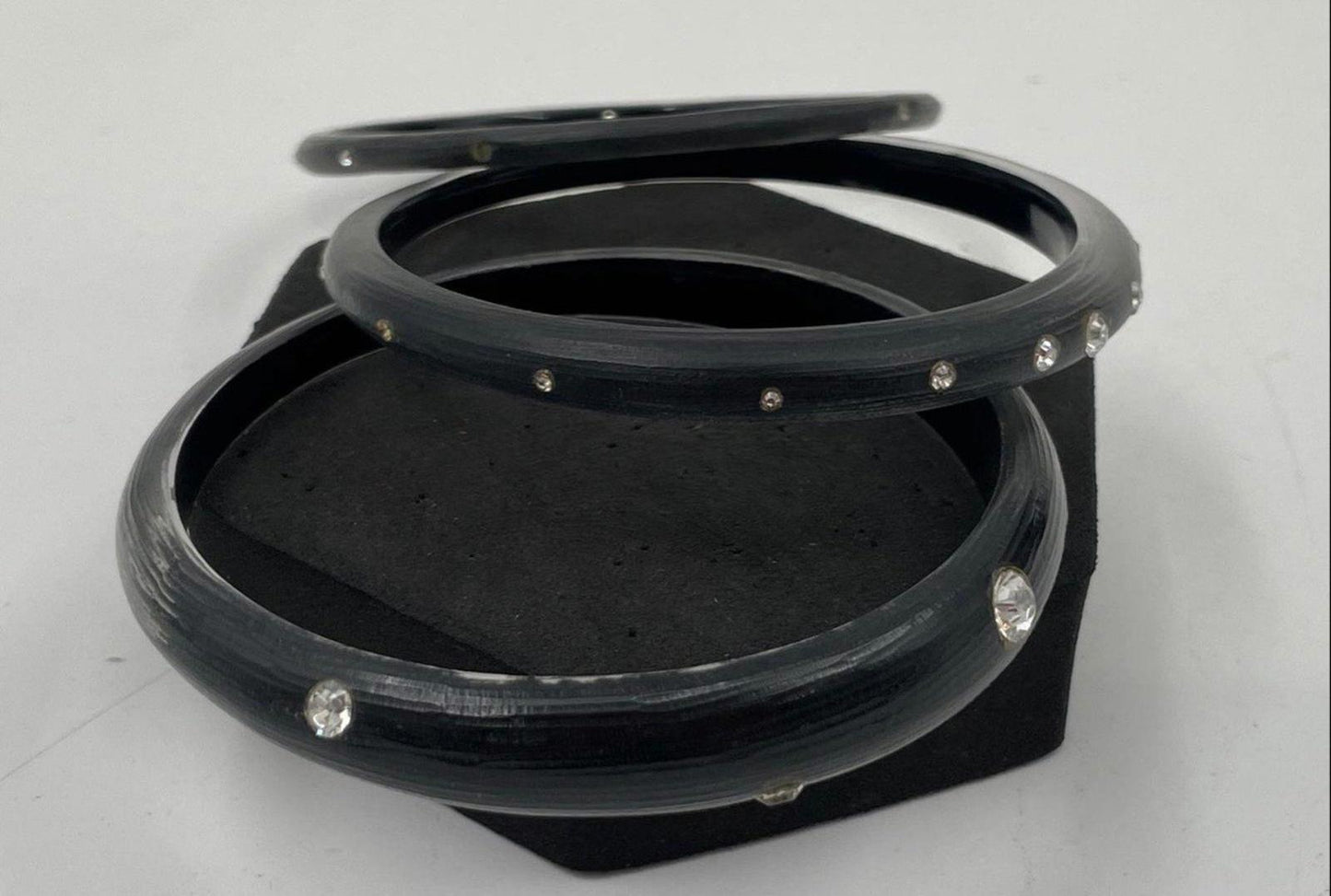 3 Alexis Bittar Smokey Gray Black Lucite Bangles With Crystal Embellishments