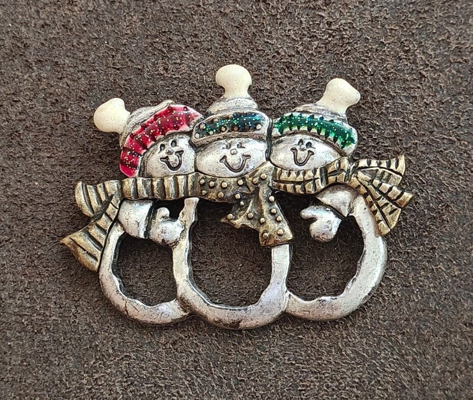 1980s Pewter Triple Snowman Holiday Brooch Pin