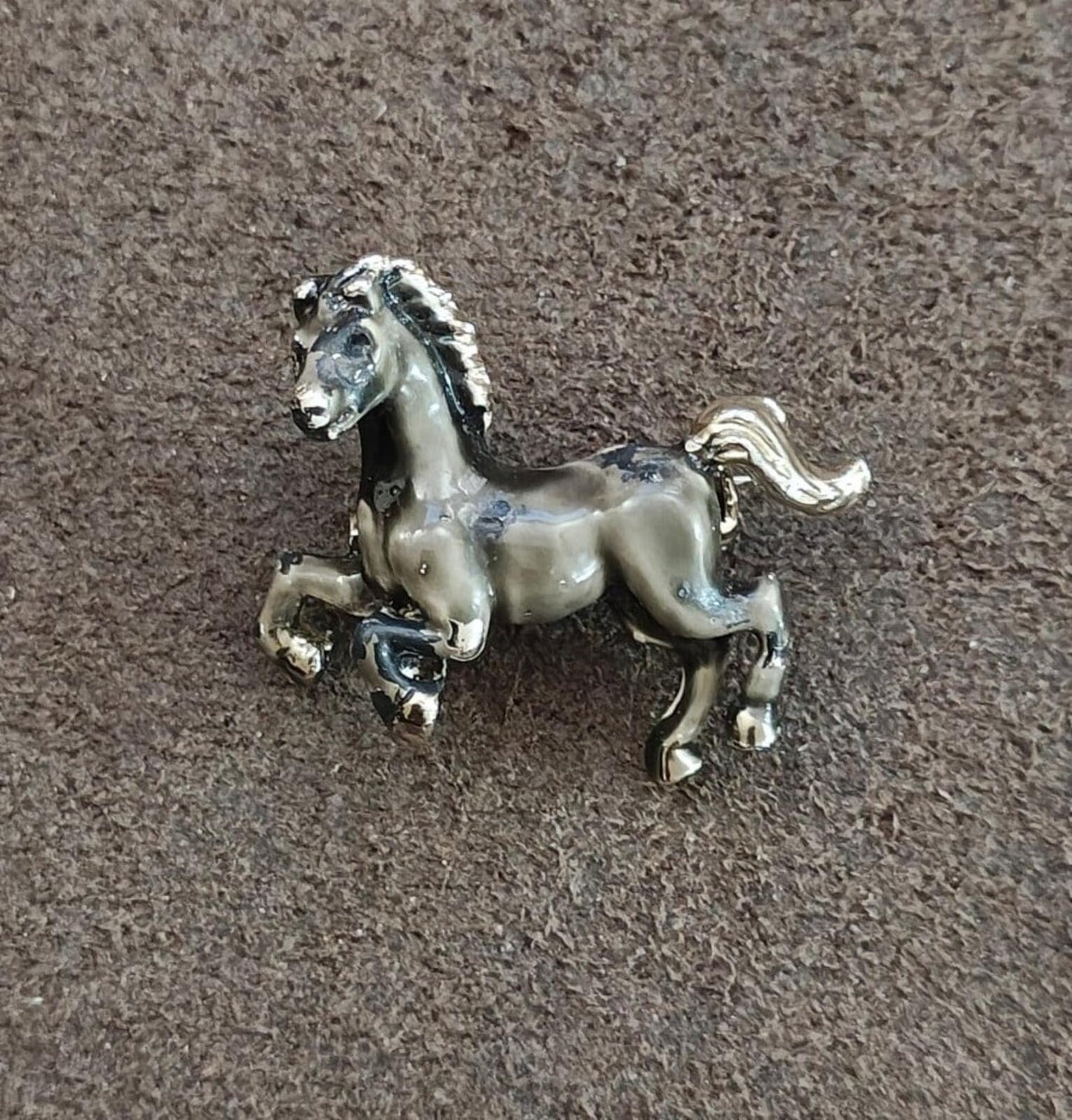 1970s/80s Silver With Grey & Black Enamel Prancing Horse/Stallion Brooch