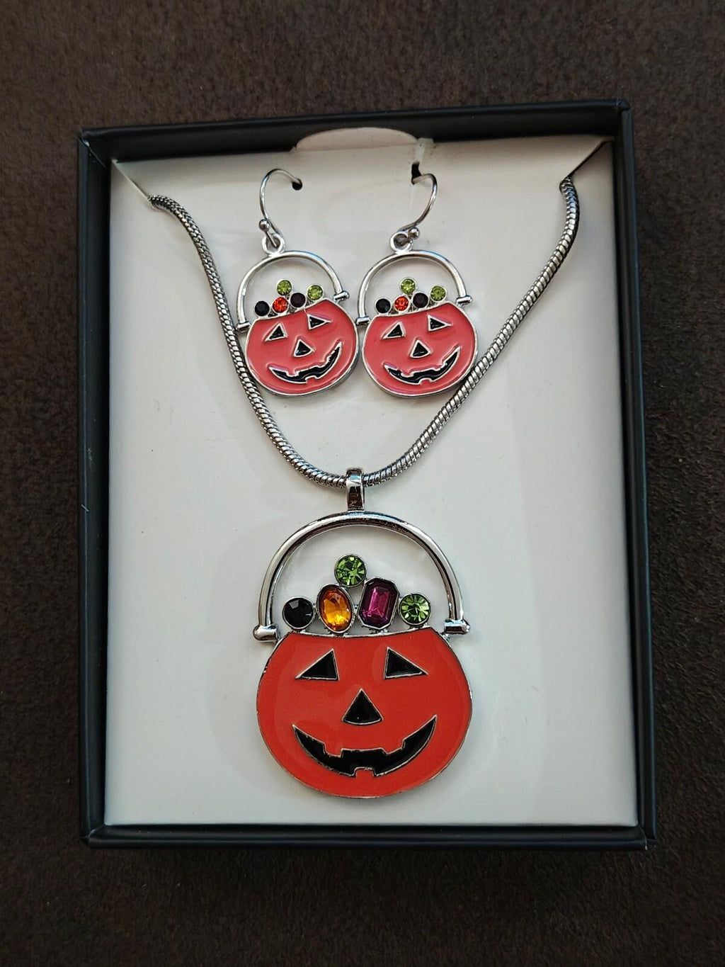 3 Pc Silver Tone Set Of Halloween Orange Jack-o-Lantern Earrings n Necklace