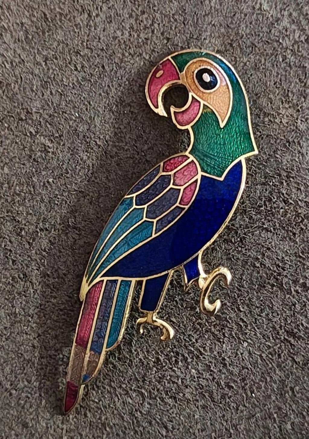 1980s Vintage Gold Tone Cloisonné Enamel Parrot Brooch Pin