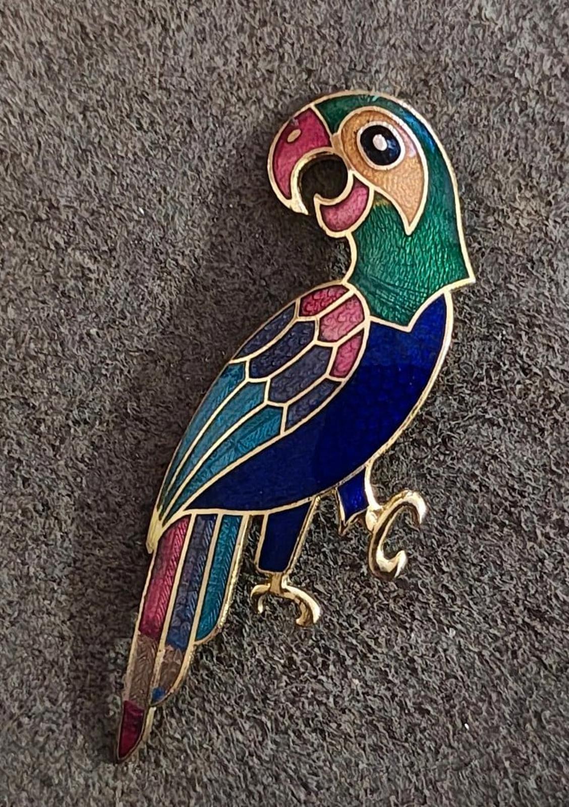 1980s Vintage Gold Tone Cloisonné Enamel Parrot Brooch Pin