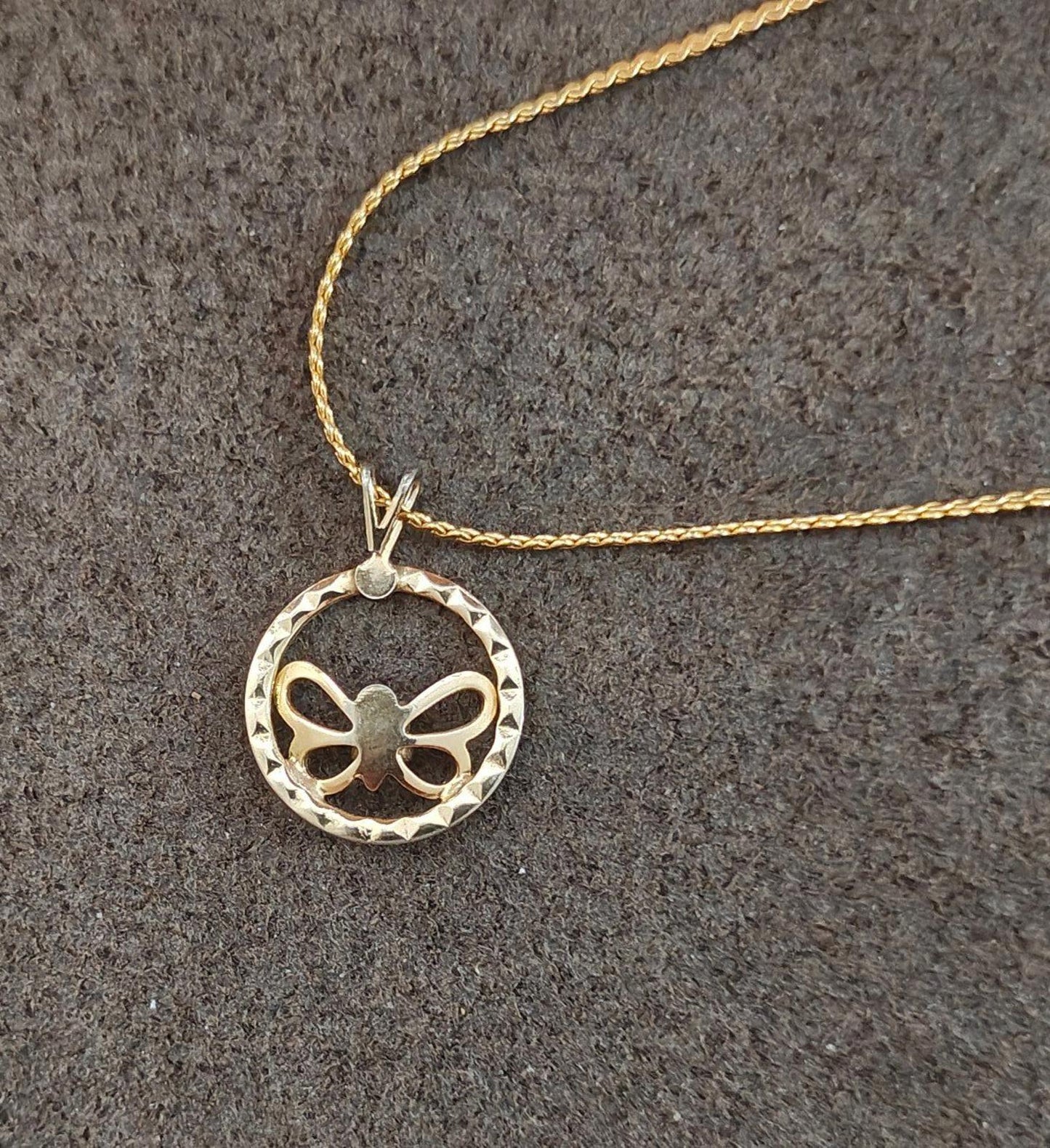 1980's Open Circle Butterfly With Clear Rhinestone Pendant Necklace