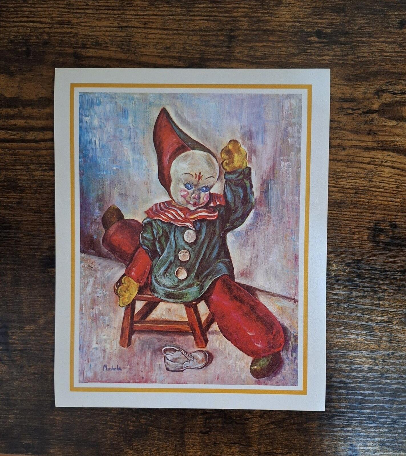 1960s Clown Doing Splits Lithograph Print Artist Signed Michele Reprint