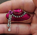 1990s Red Hat Society Gold Tone With Sparkling Rhinestones Enamel Brooch