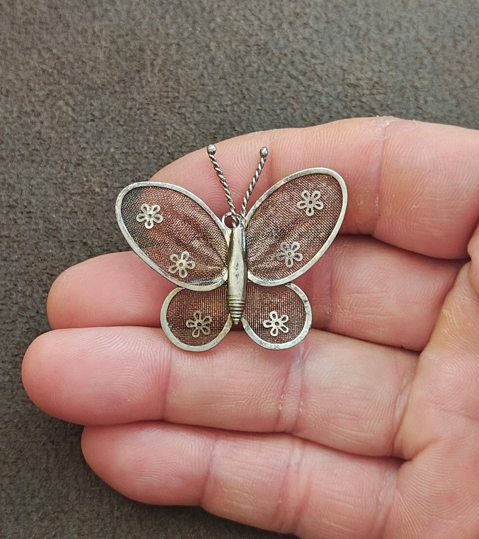 1960s/70s Silver Tone Mesh Butterfly Brooch & Pendant-Dual-Use Pin