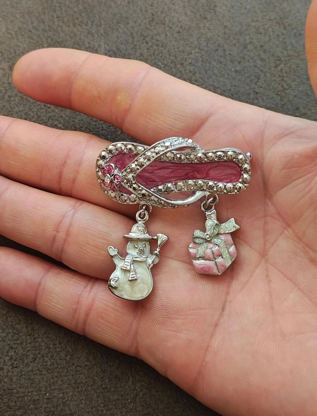 90s Silver Tone Flip Flop With Dangling Charms Enamel & Rhinestones  Brooch