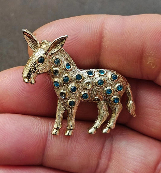 1950s/60s Vintage Dodds Donkey With Blue Rhinestones Gold Tone Brooch Pin