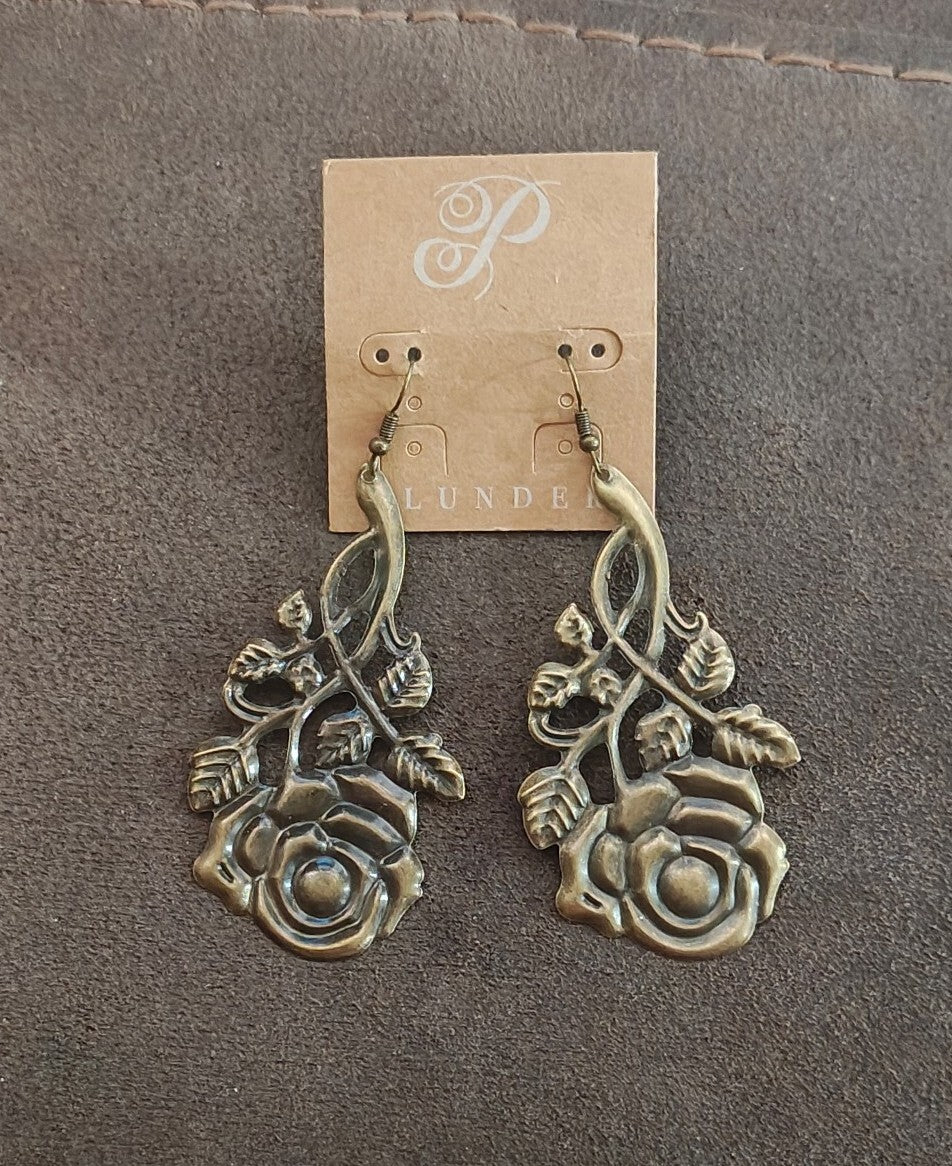 Plunder Design "Rosey" Antique Gold/Bronze Tone Filigree Dangle Earrings New