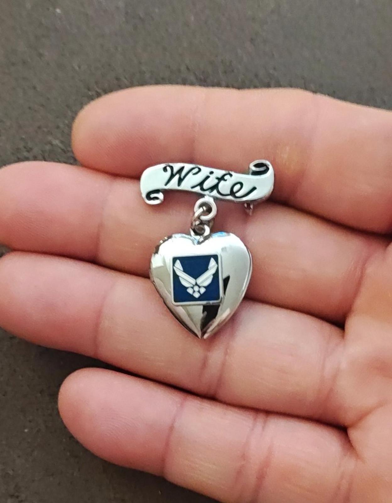 U.S. Air Force Wife Silver Tone With Blue & White Enamel Dangle Brooch Locket