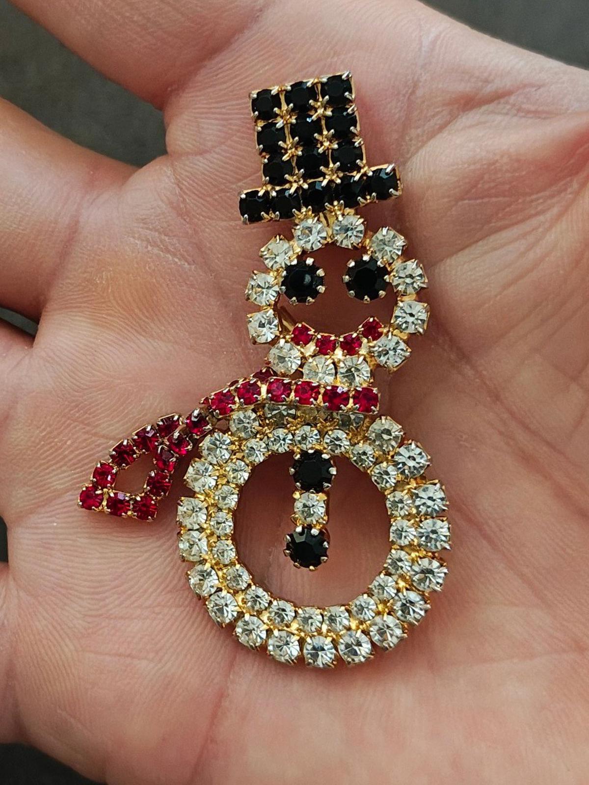 1990s Gold Tone With Red, Black and Clear Rhinestones Snowman Brooch