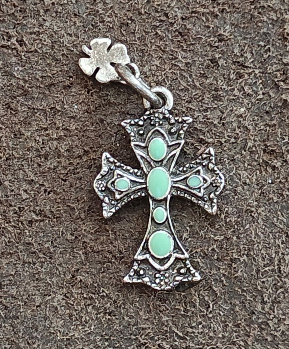 1990s Lucky Brand Antiqued Silver With Faux Turquoise Southwestern Cross Pendant
