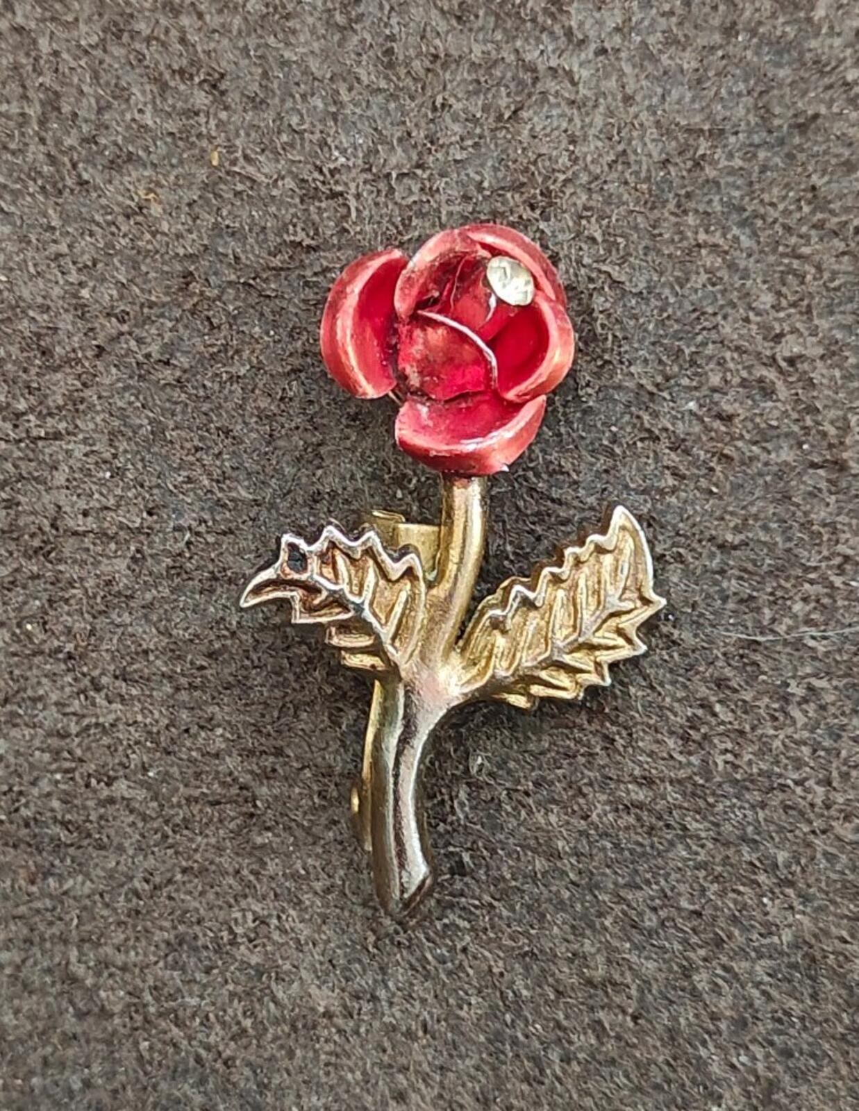 1960s Red Enamel Rose With a Clear Rhinestone In Center Gold Tone Brooch