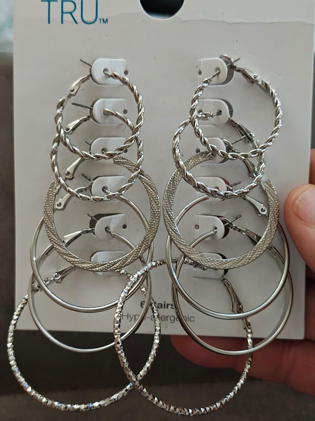 Time & Tru Women's Silver Tone Textured & Smooth Hoop Earring Set, 6-Piece New