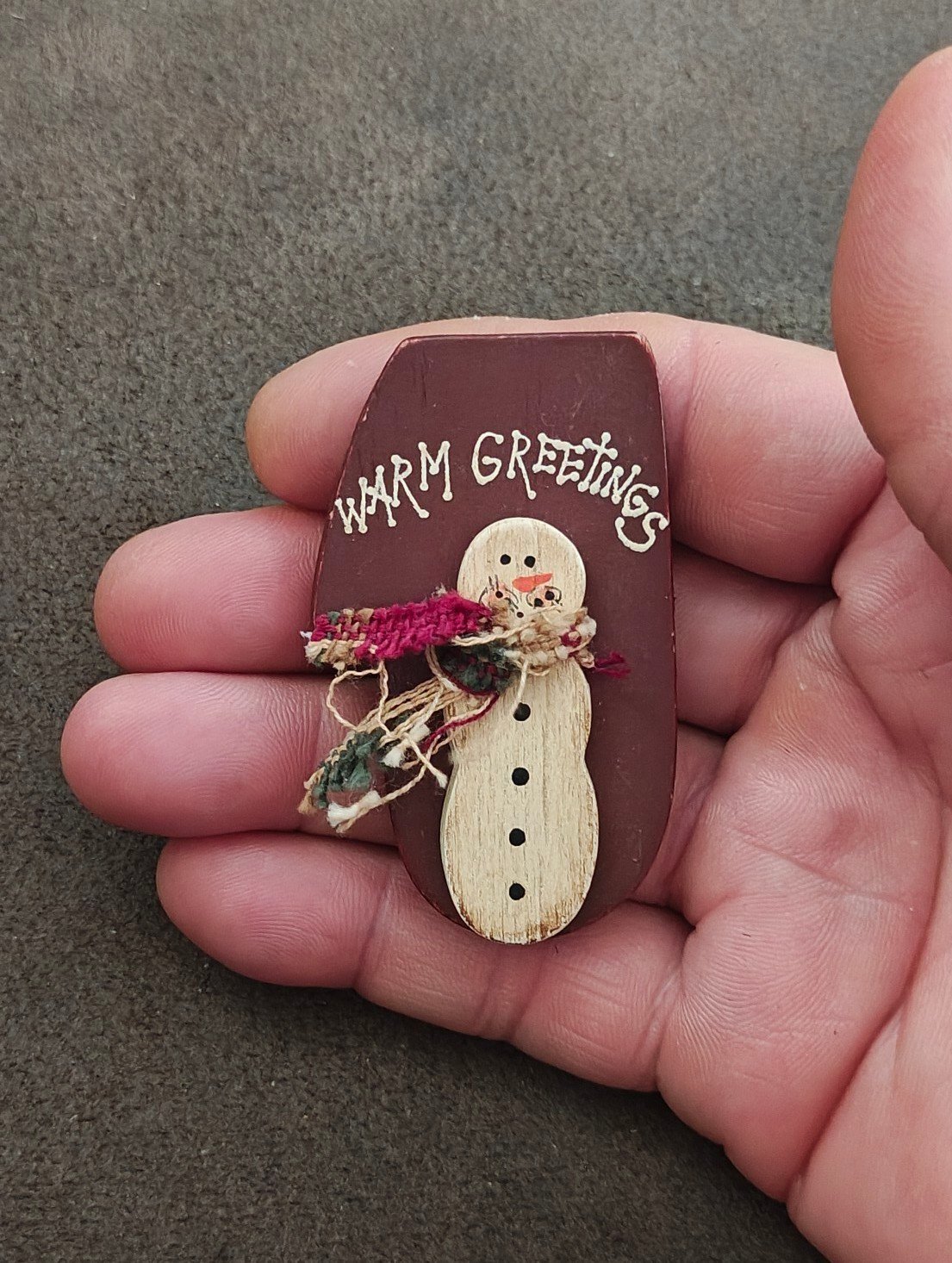Hand Crafted Painted Rustic Wooden Christmas Snowman Brooch