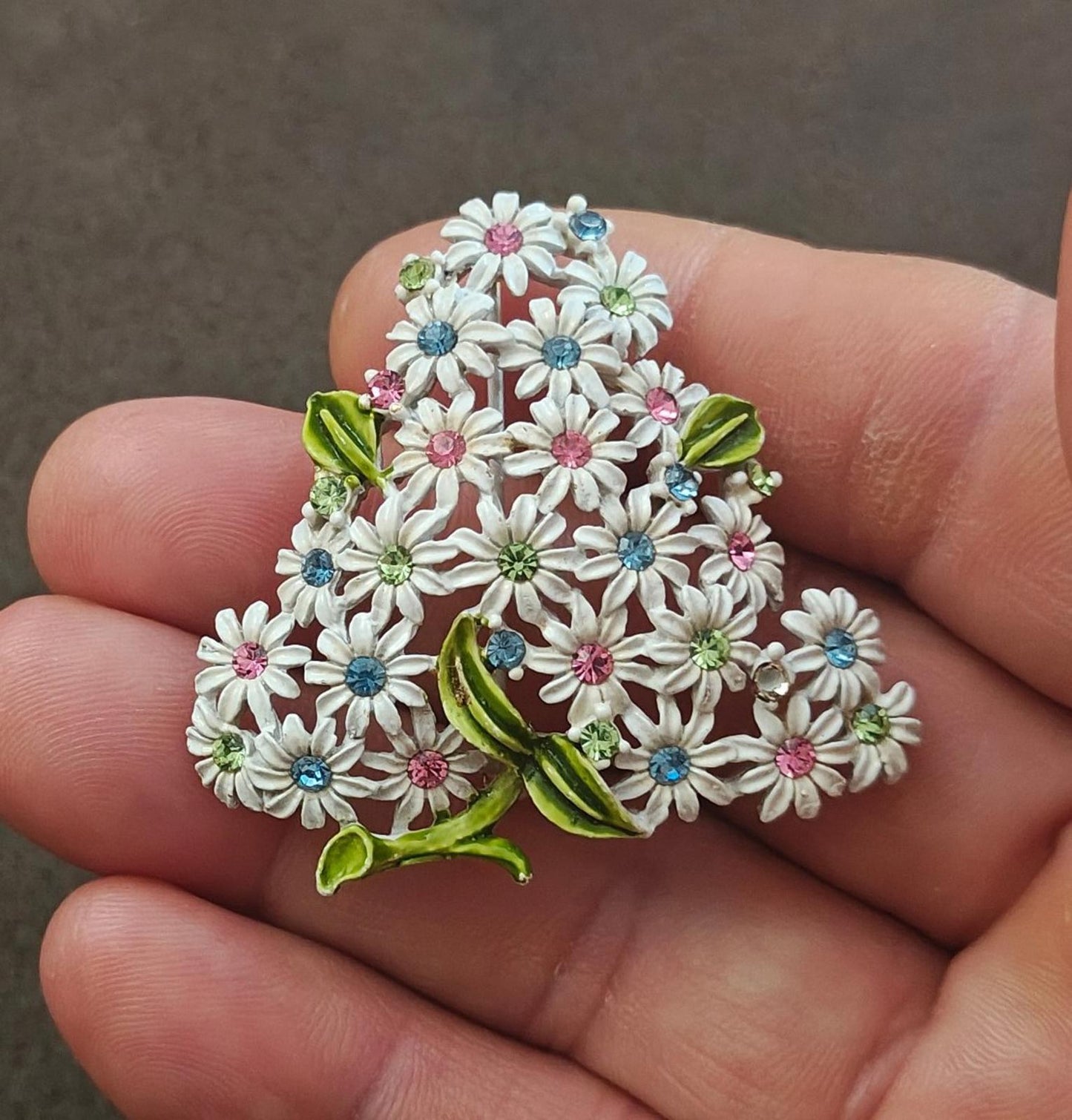 1960s Gold Tone White Flowers & Pink Blue Green Rhinestones Brooch